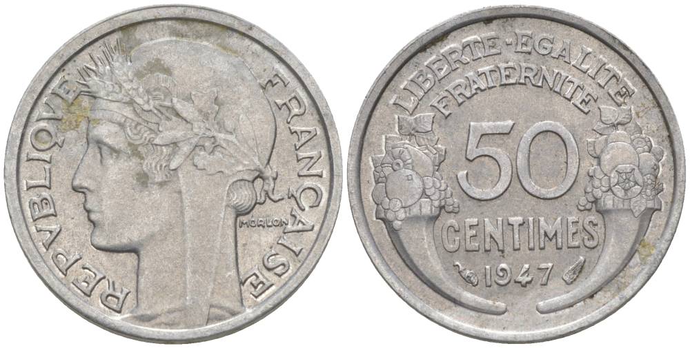 ФРАНЦИЯ 50 САНТИМОВ 1947 ТИП MORLON LOURDE KM 894.1a, LE FRANC 194.9 алюминий 44-346