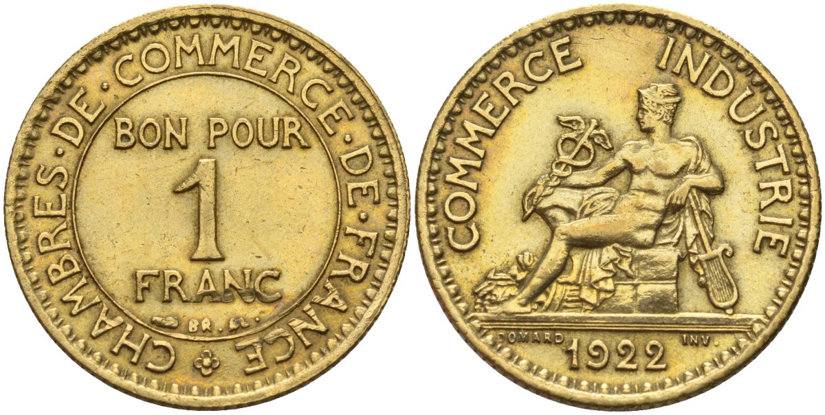 Франция 1 франк 1922 KM 876, Le Franc 218.5 алюминиевая бронза 4142-647