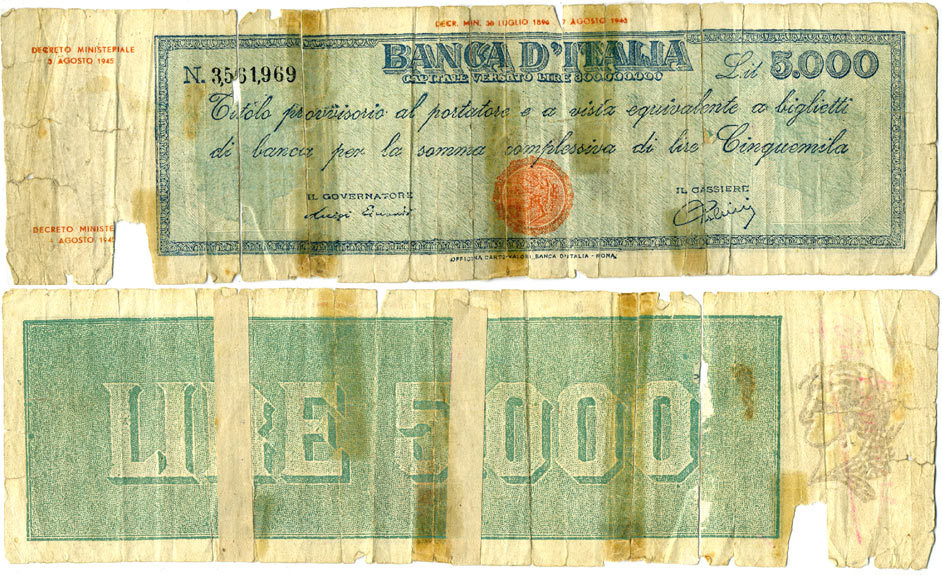 Италия 5000 лир 1945 Pick 78а бумага 2192-91-1