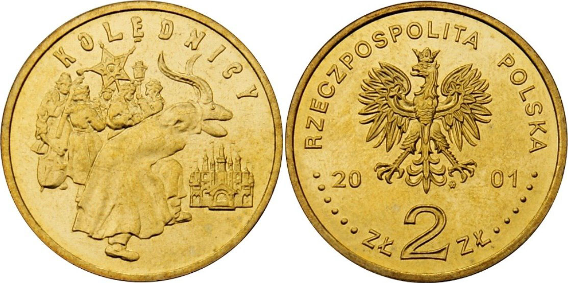 Польша 2 злотых 2001 MW, коледничи, колядки, рождество, сочельник KM 422 нордик UNC 4526-134
