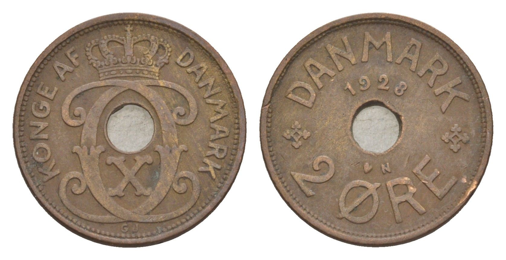 Дания 2 эре 1928 N, Кристиан X (1912-1947) KM 827 бронза 4639-732