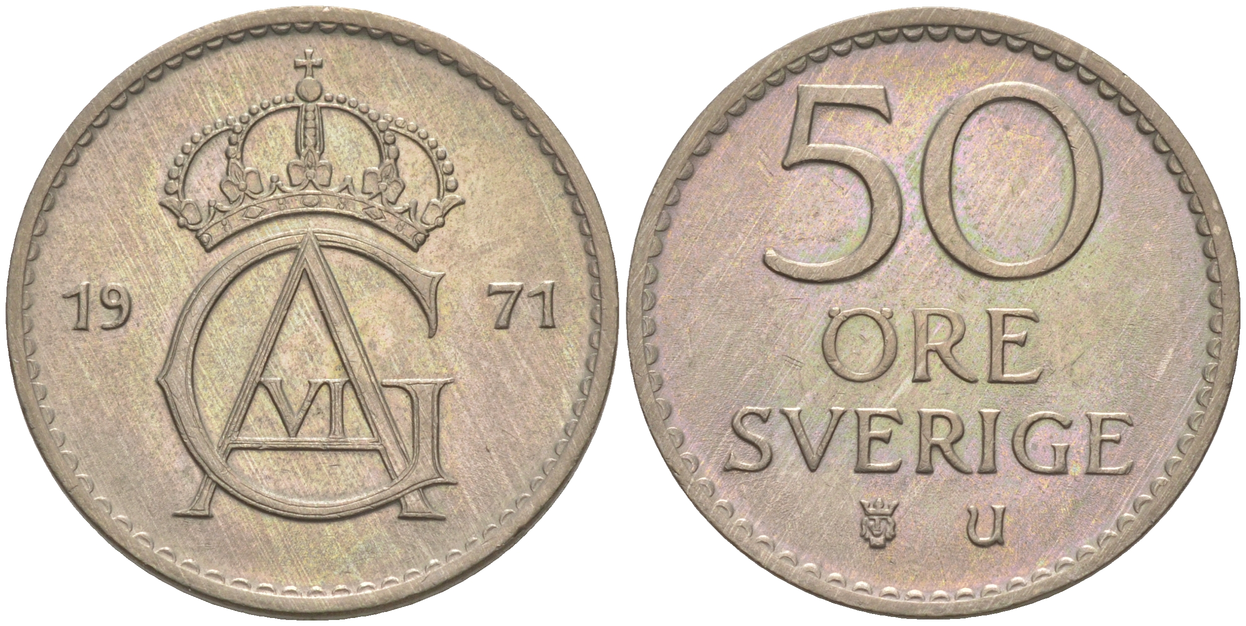 Швеция 50 эре 1971 Густав VI Адольф (1950-1973) KM 837 медно-никель UNC 106-412