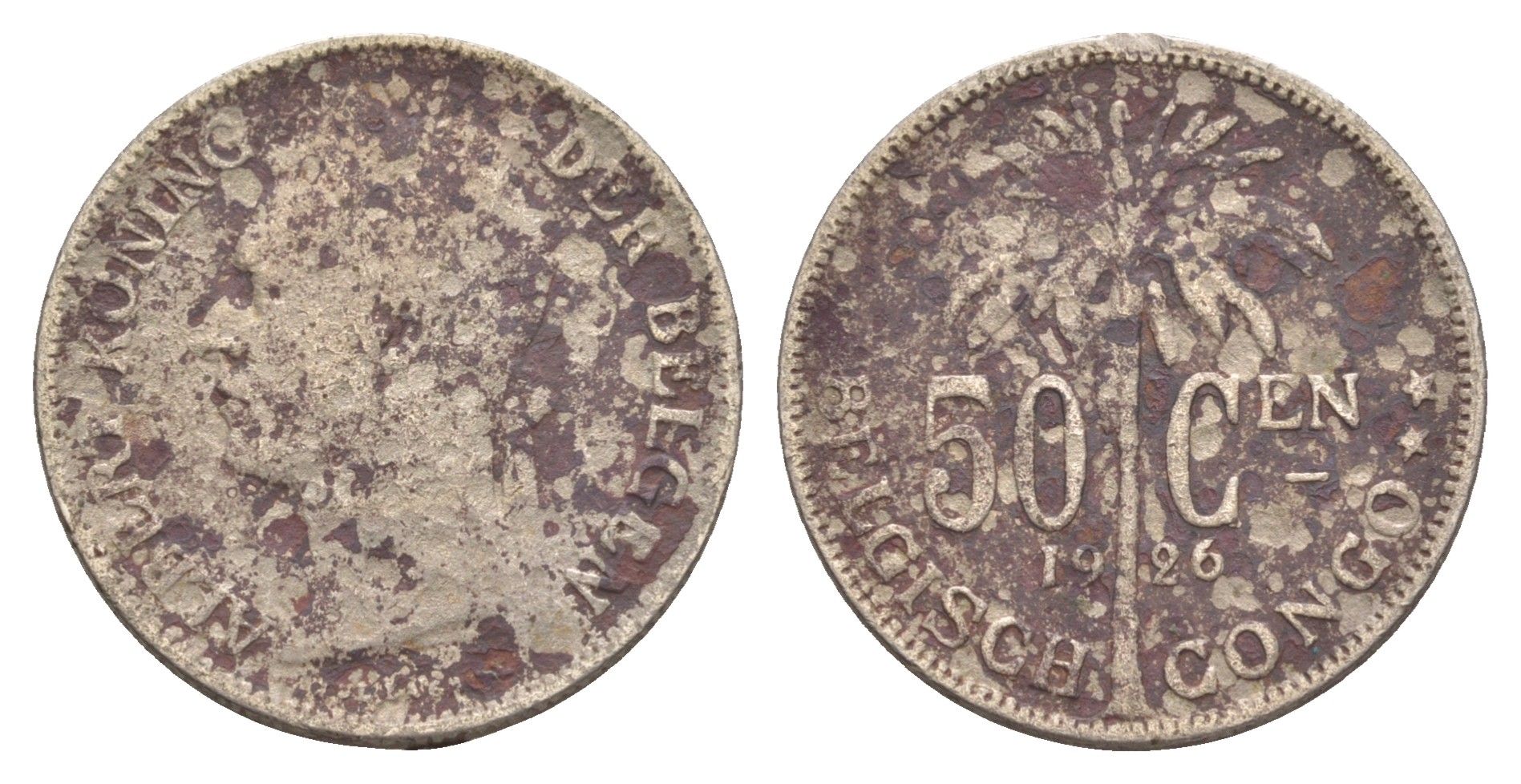 Бельгийское Конго 50 сантимов 1926 Надпись на голландском - 'ALBERT KONING DER BELGEN' KM 23 медно-никель 4650-427