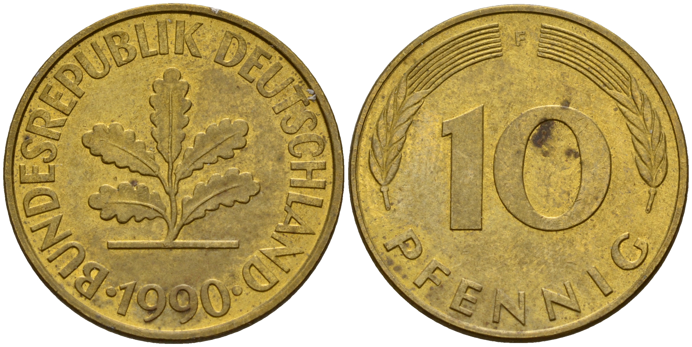 ФРГ 10 пфеннигов 1990 F J. 383, KM 108 сталь плакированная латунью    4603-626