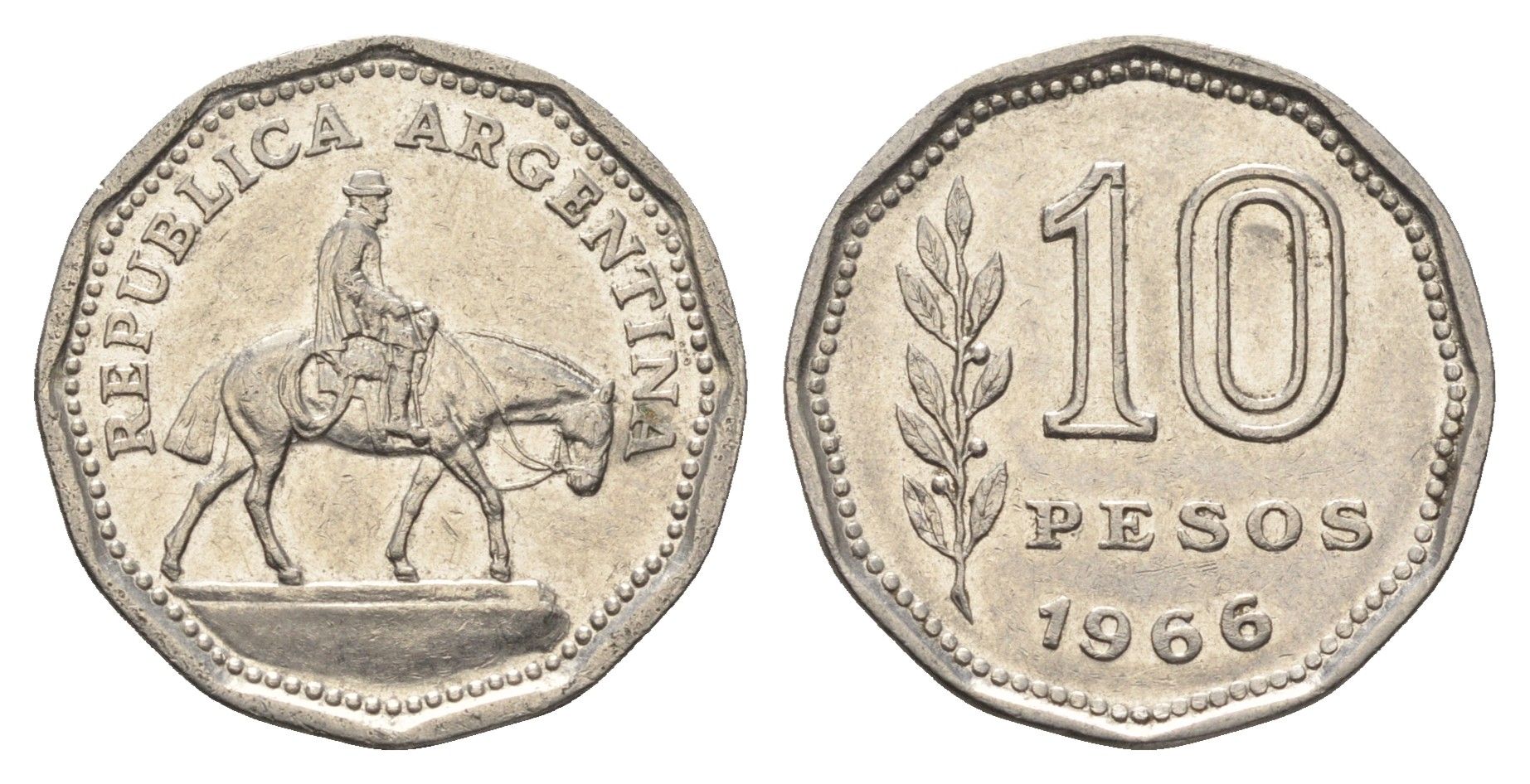 Аргентина 10 песо 1966 Гауч KM 60 сталь плакированная никелем 4663-656