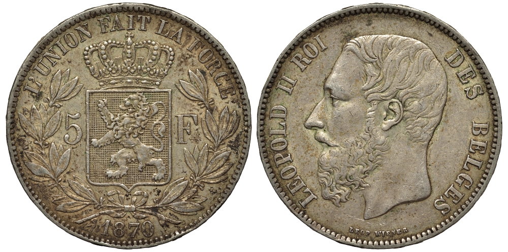 Бельгия 5 франков 1870 Леопольд II (1865-1909) KM 24 серебро 443-922