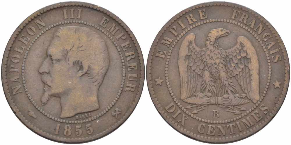 ФРАНЦИЯ 10 САНТИМОВ 1855 B, НАПОЛЕОН III (1852-1870) KM 771.2, LE FRANC 133.20 бронза 38-1036