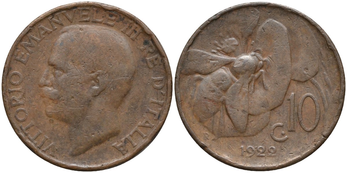 Италия 10 чентезимо 1922 R, пчела, Виктор Эммануил III (1900-1946) KM 60 бронза 4171-844