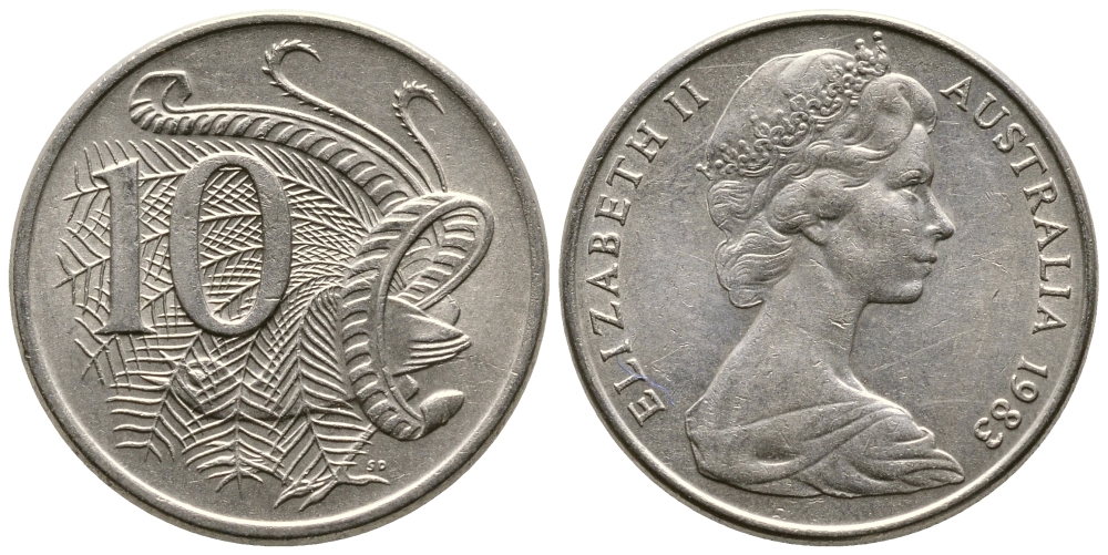 Австралия 10 центов 1983 Елизавета II (1952-), птица лирахвост KM 65 медно-никель 84-715