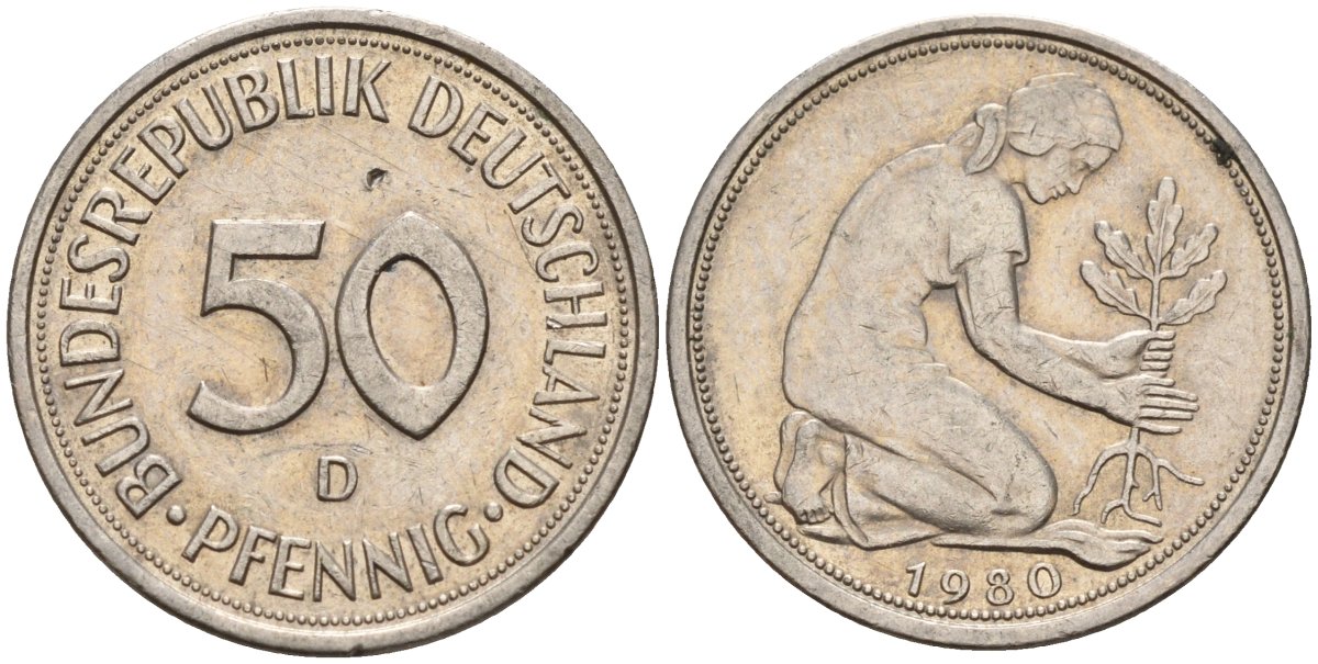 ФРГ 50 пфеннигов 1980 D KM 109, J. 384 медно-никель 4176-1115