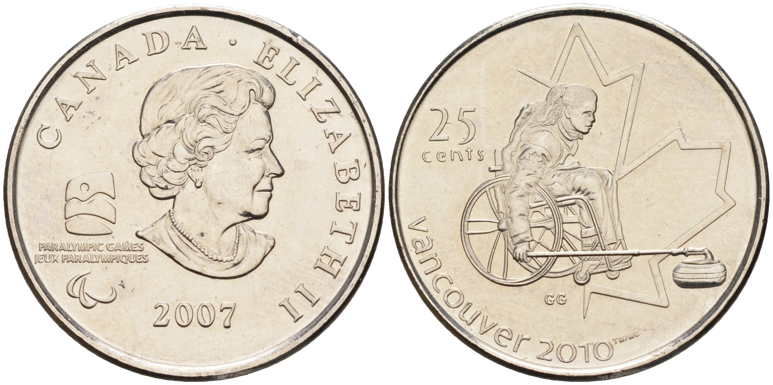 Канада 25 центов 2007 Елизавета II, зимние Олимпийские игры 2010 года в Ванкувере, параолимпийцы KM 684 сталь плакированная никелем  UNC  4150-536