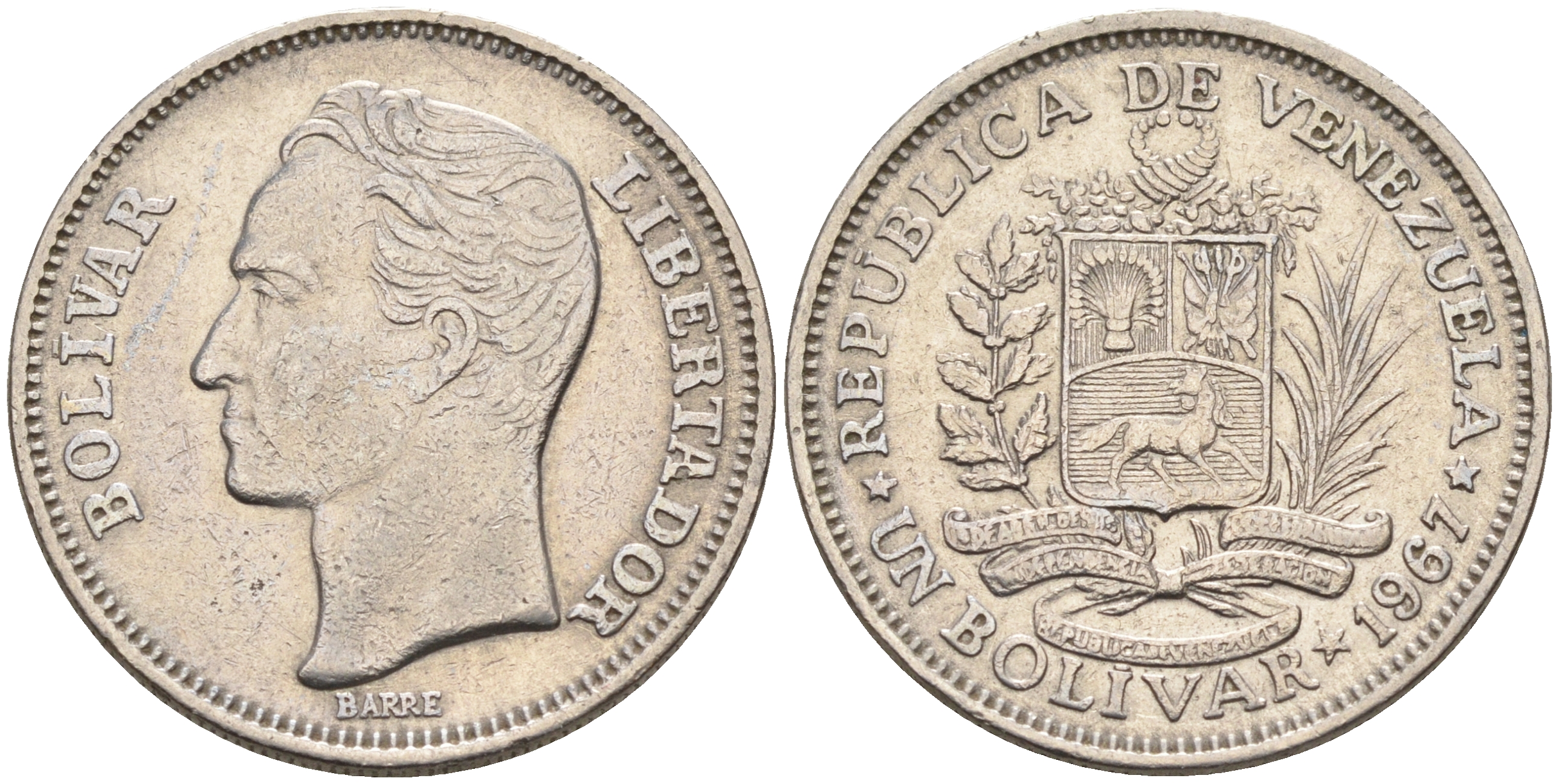 Венесуэла 1 боливар 1967 Симон Боливар KM 42 никель 4589-114