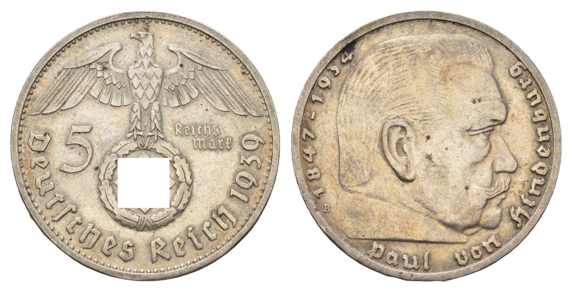 Германия 5 рейхсмарок 1939 B, Пауль фон Гинденбург (1847-1934) KM 94, J. 367 серебро 1518-1722