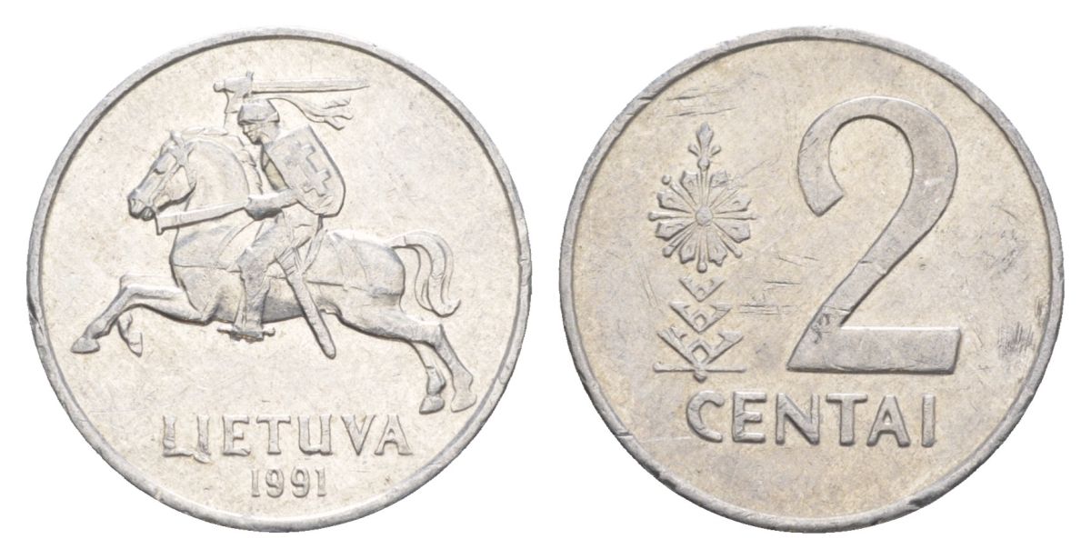 Литва 2 цента 1991 KM 86 алюминий 4632-569