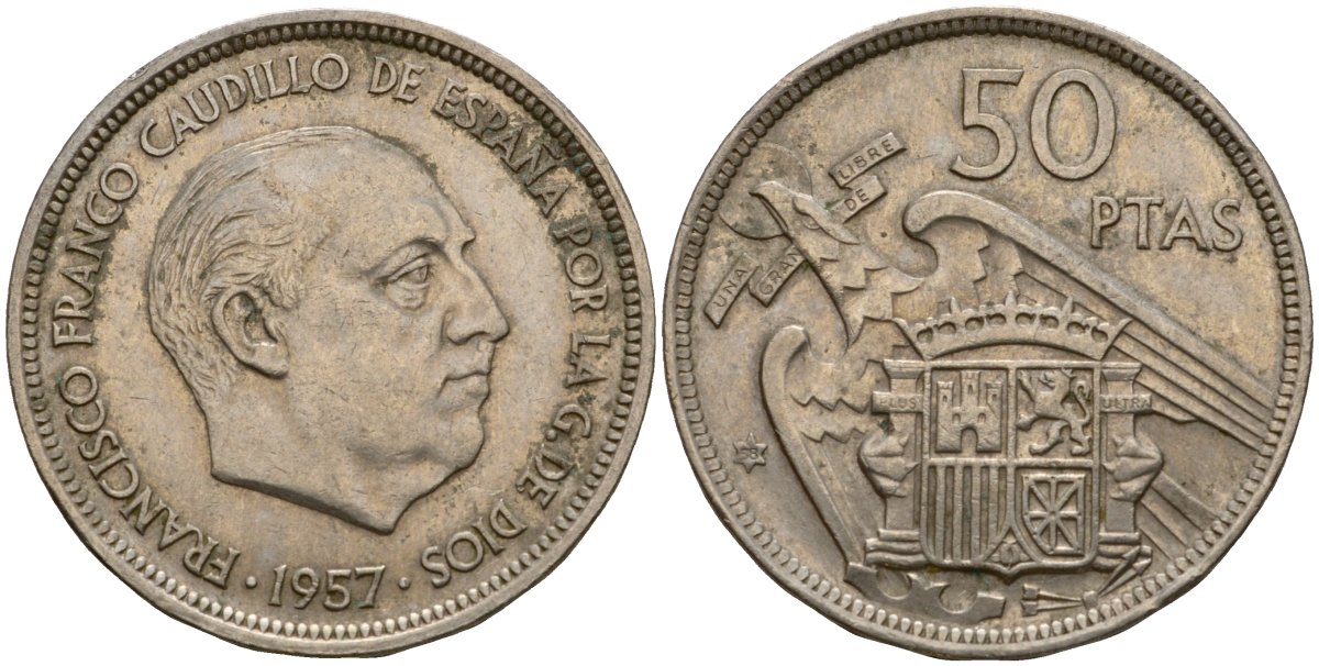 Испания 50 песет 1957 (58) Франсиско Франко (1939-1975) KM 788 медно-никель 189-1214