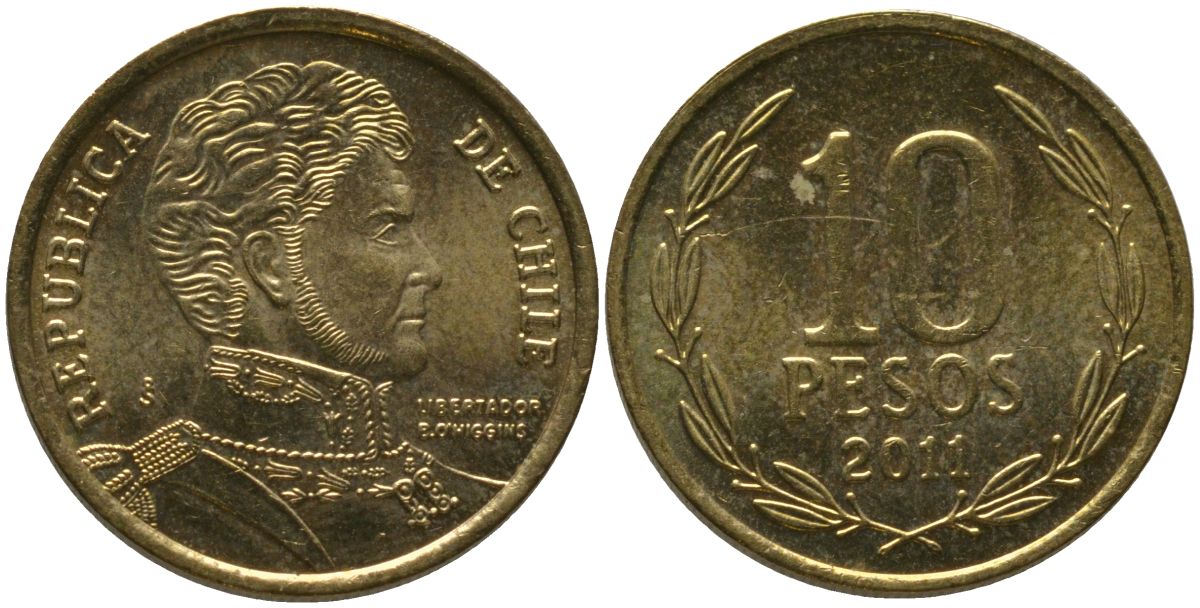 Чили 10 песо 2011 So KM 228.2, Schon 82 алюминиевая бронза UNC 4544-857