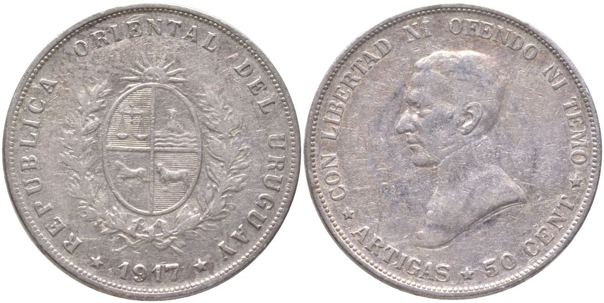Уругвай 50 сентесимо 1917 KM 22 серебро 59-1444