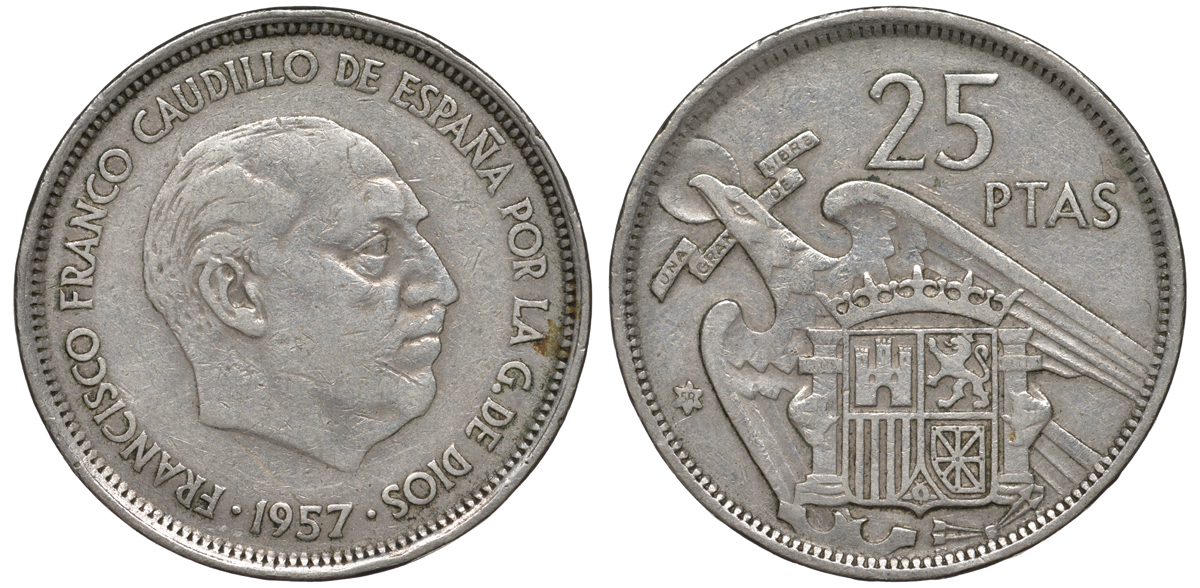 ИСПАНИЯ 25 ПЕСЕТ 1957 (58) ФРАНСИСКО ФРАНКО ДИКТАТОР ИСПАНИИ (1939-1975) KM 787 медно-никель 45-1047