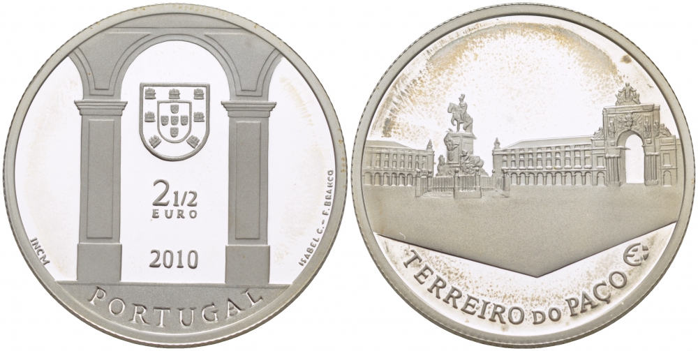 ПОРТУГАЛИЯ 2 1/2 ЕВРО ЕВРО 2010 СЕРИЯ ЕВРОПЕЙСКАЯ АРХИТЕКТУРА, ТЕРРЕЙРО-ДУ-ПАСУ, ДВОРЦОВАЯ ПЛОЩАДЬ ЛИССАБОНА KM 798а серебро PROOF 01-166-43