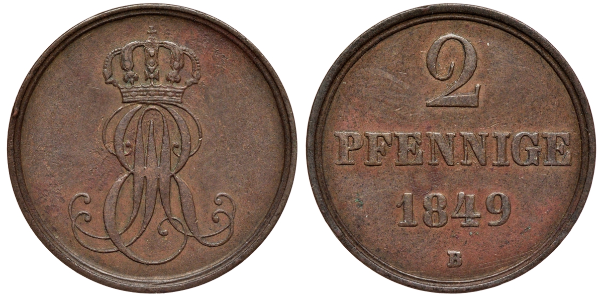 Ганновер 2 пфеннига 1849 B, Эрнст Август (1837-1851) KM 202.1, AKS 124, J. 75 медь 75-1931