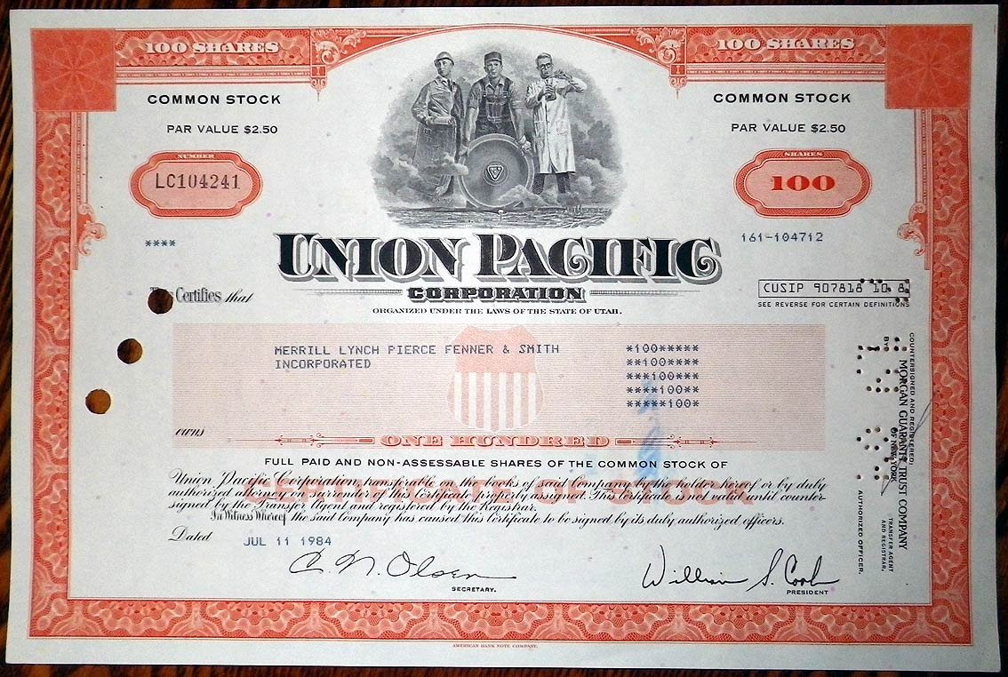 США, Union Pacific Corporation 100 акций 1984 бумага 8802-61-1