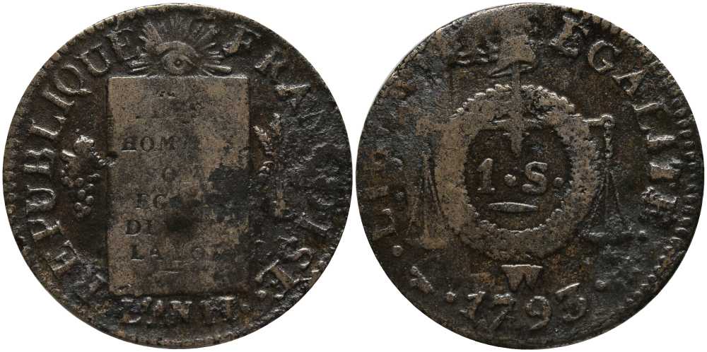 Франция 1 соль 1793 W, монетный двор Лилль, Людовик XVI (1774-1793), весы, конституция KM 619.12 (С 122.12) бронза    633-1843