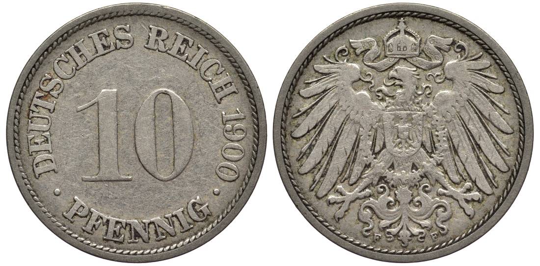 Германия 10 пфеннигов 1900 F KM 12, Jager 13, Weege 8 медно-никель 219-333