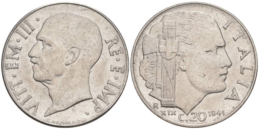 ИТАЛИЯ 20 ЧЕНТЕЗИМО 1941 R, ГОД XIX, ВИКТОР ЭММАНУИЛ III (1900-1946) KM 75b, VEM3. 1028 нержавеющая сталь 3853-651
