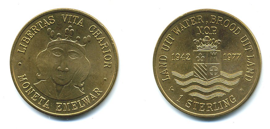 Нидерланды 1 стерлинг 1977 монетовидный жетон Moneta Emelwar 1942-1977  латунь  UNC 25-622