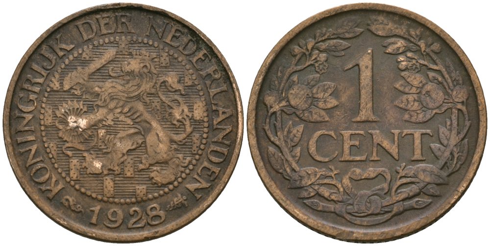 Нидерланды 1 цент 1928 Вильгельмина (1890-1948) KM 152 бронза 4576-1113