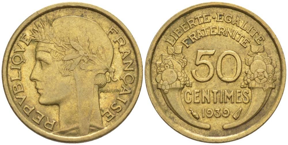 ФРАНЦИЯ 50 САНТИМОВ 1939 ТИП MORLON KM 894.1, LE FRANC 192.15 алюминиевая бронза 44-865