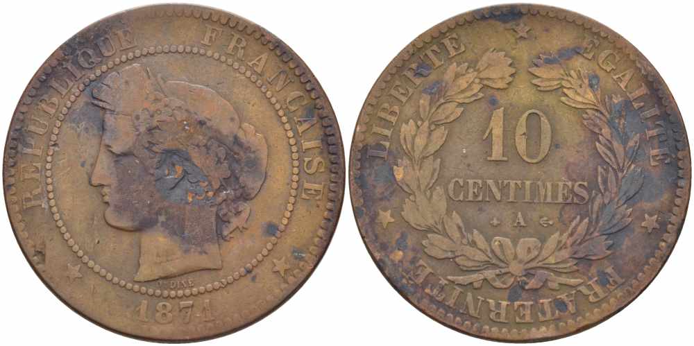 ФРАНЦИЯ 10 САНТИМОВ 1871 A, ТРЕТЬЯ РЕСПУБЛИКА (1871-1940) KM 815.1, LE FRANC 135.5 бронза 4389-1041