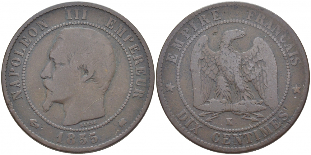 ФРАНЦИЯ 10 САНТИМОВ 1855 K, НАПОЛЕОН III (1852-1870) KM 771.5, LE FRANC 133.27 бронза 114-641