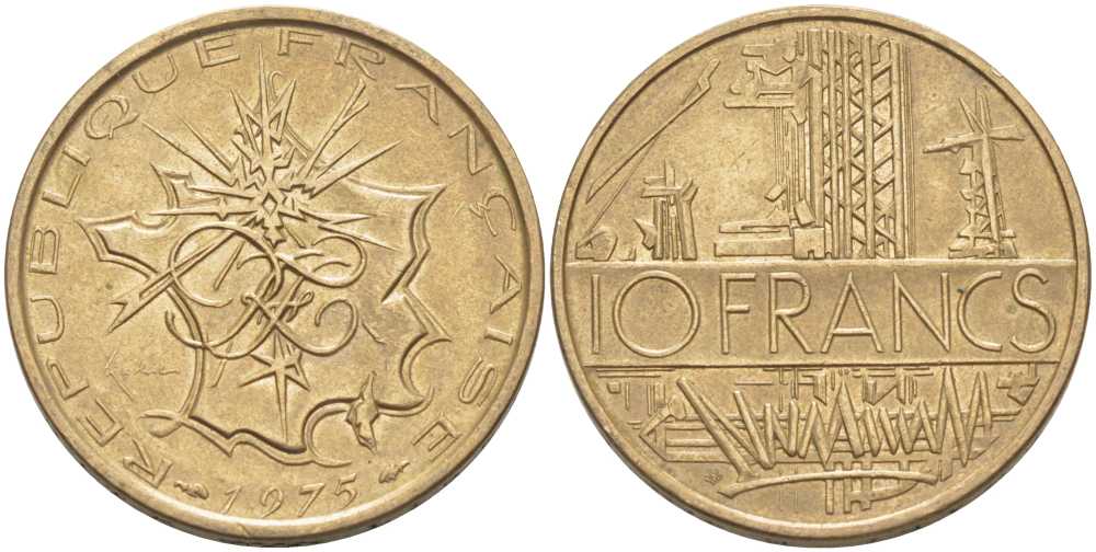 Франция 10 франков 1975 тип Матье KM 940, Le Franc 365.5-6 никель латунь 97-925