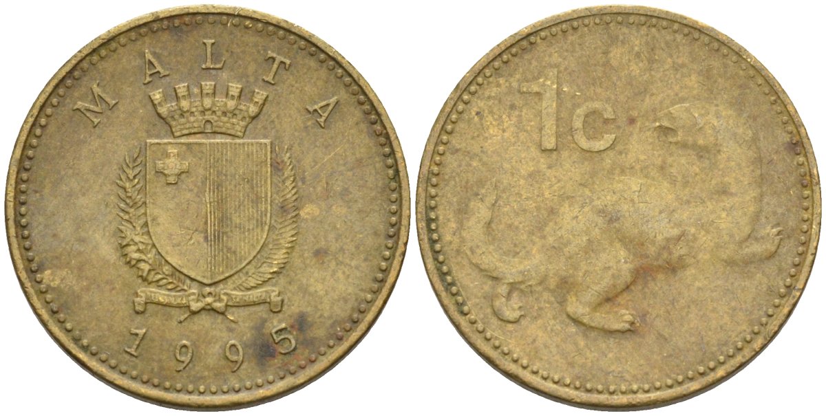 Мальта 1 цент 1995 ласка, горностай KM 93 никель латунь 4585-1226