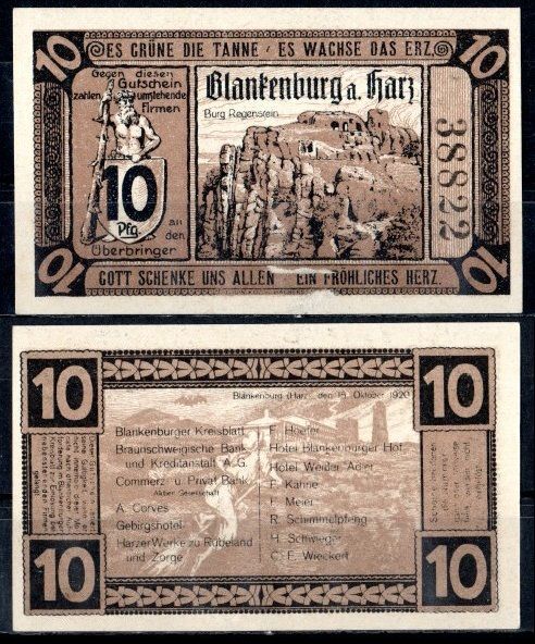 Бланкенбург-ам-Гарц (Брауншвейг) 10 пфеннигов 1920 Mehl Grabowski 114.1-2/5 бумага UNC (пресс) 7556-57-2-2