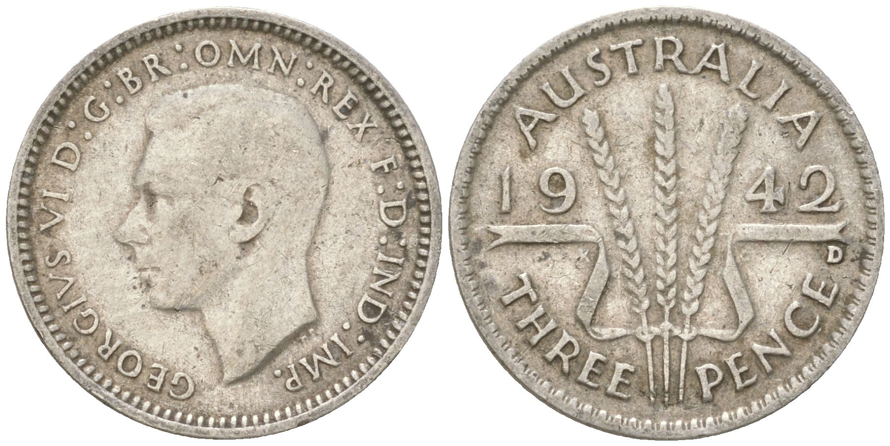 Австралия 3 пенса 1942 D, Георг V (1936-1952) KM 37 серебро 4621-1152