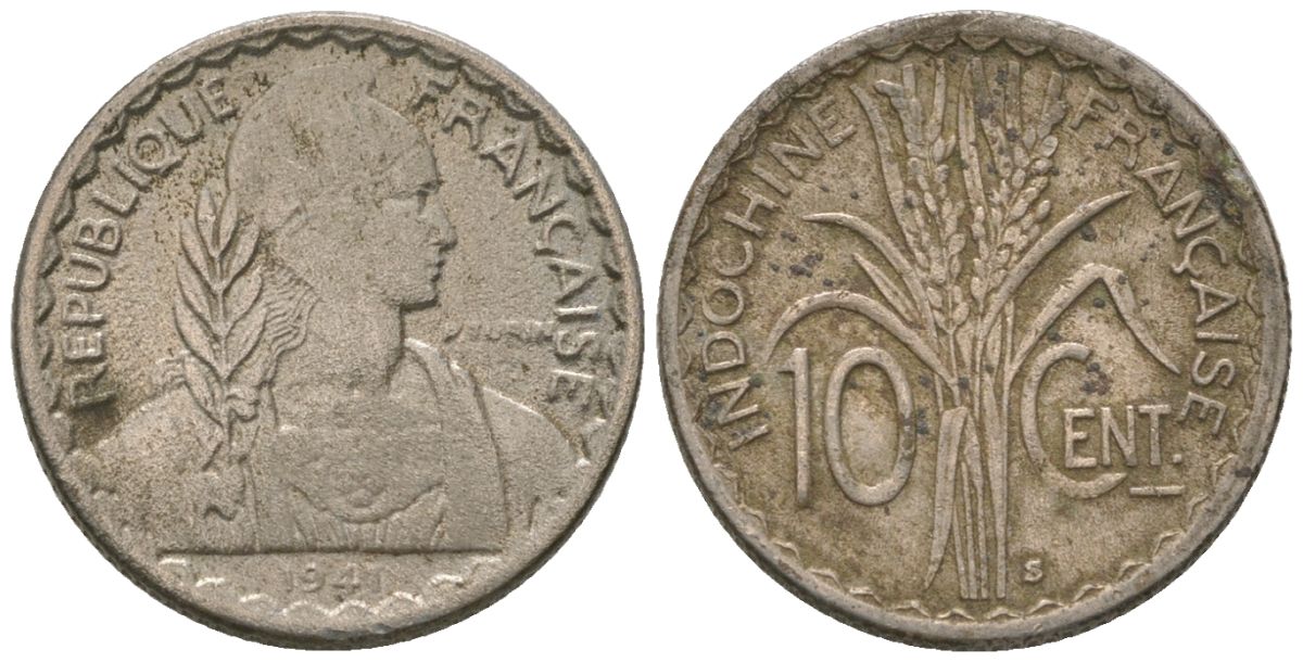 Французский Индокитай 10 сантимов 1941 KM 21.1a медно-никель 4164-1146