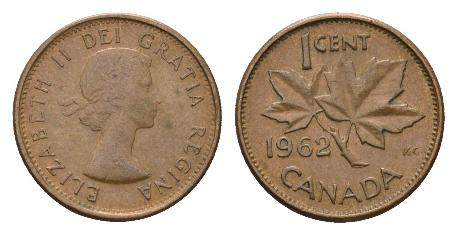 Канада 1 цент 1962 Елизавета II (1952-2022), кленовый лист KM 49 бронза 4684-139