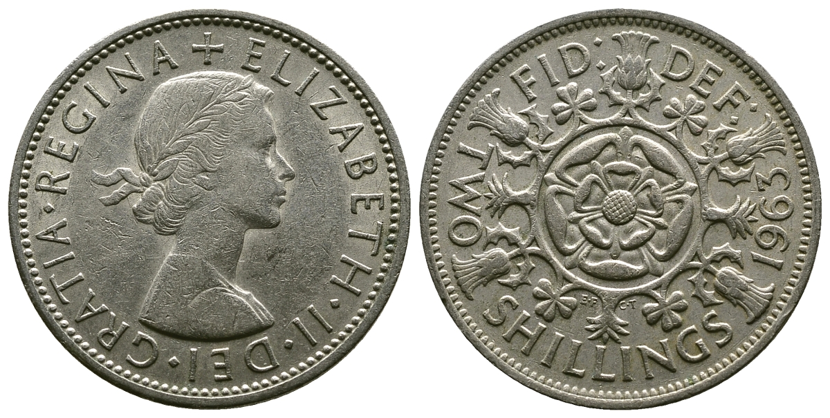 Великобритания 2 шиллинга (флорин) 1963 Елизавета II (1952-2022) KM 906, Spink 4146 медно-никель 4382-423