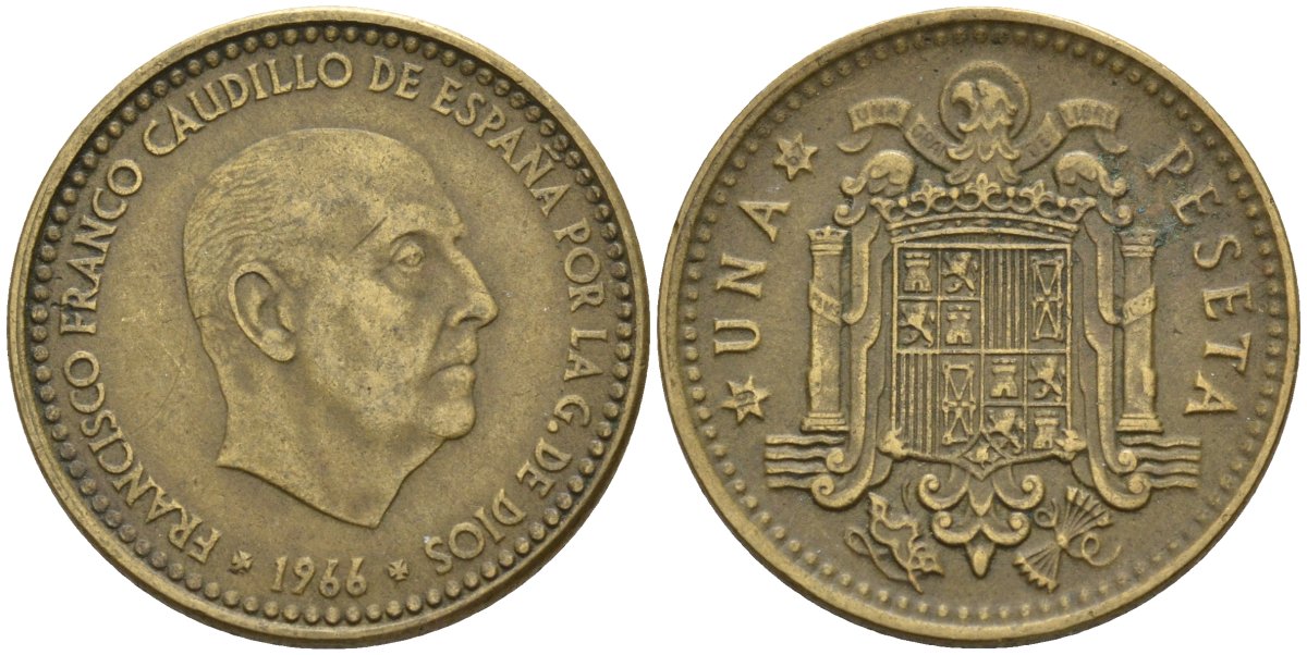 Испания 1 песета 1966 (67) Франсиско Франко (1939 - 1975) KM 796 алюминиевая бронза 4155-342