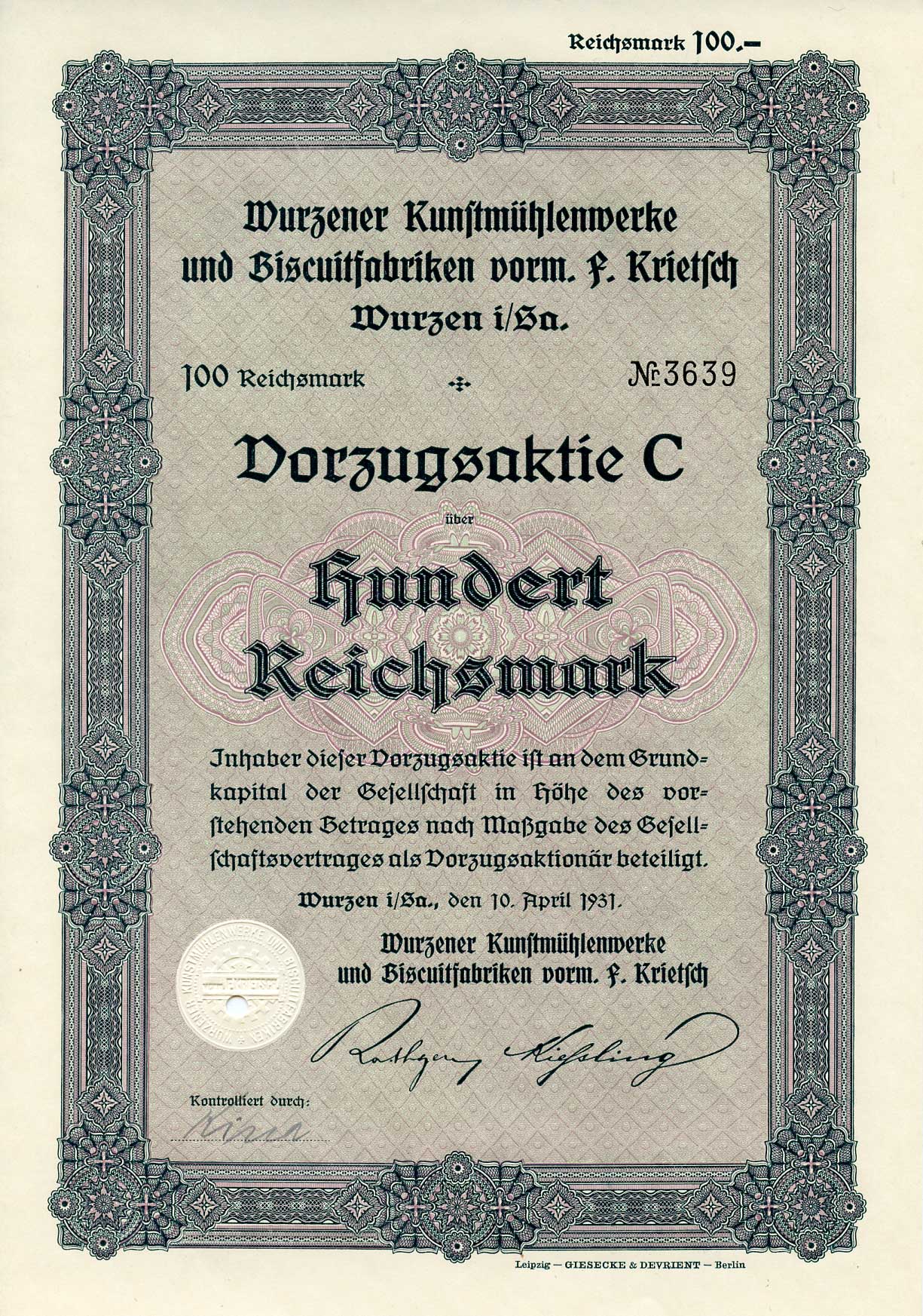 Германия 100 рейхсмарок 1931 Художественные фабрики Вюрцена и бисквитные фабрики, в частности, им. Ф. Критча, им. Вюрцена и др., фиолетовая, акция   бумага   8801-38-1