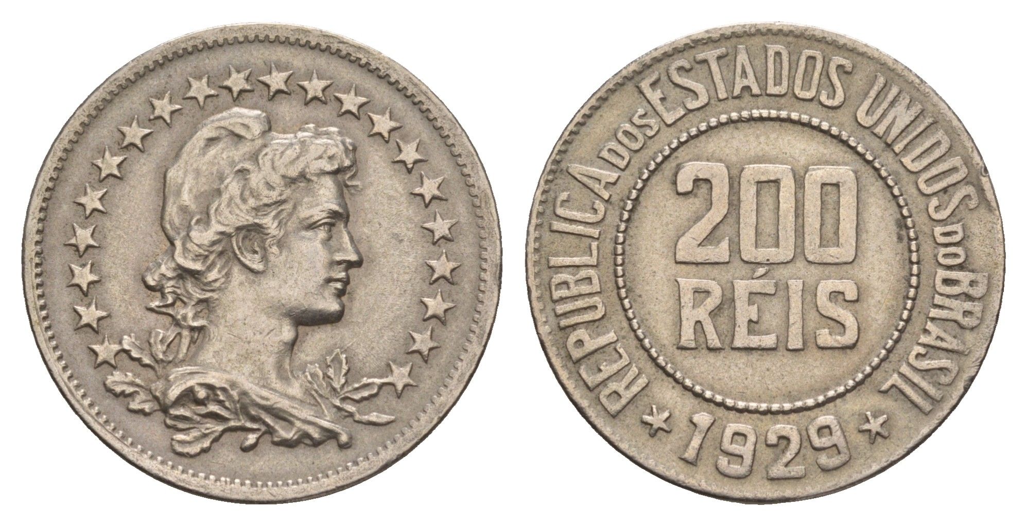 Бразилия 200 реалов (рейсов) 1929 KM 519 медно-никель 1519-1425