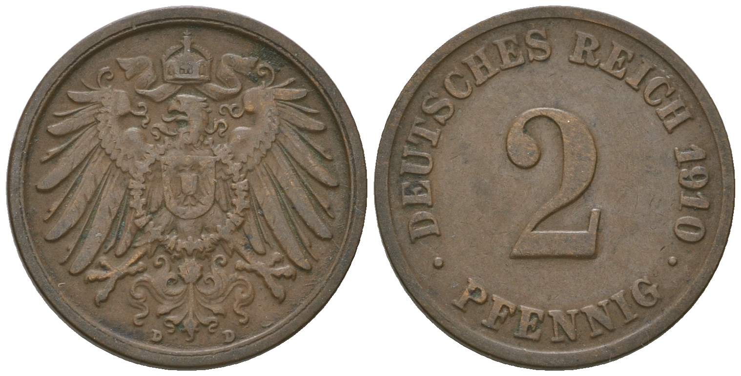 Германия 2 пфеннига 1910 D KM 16, J. 11 медь 4651-1146