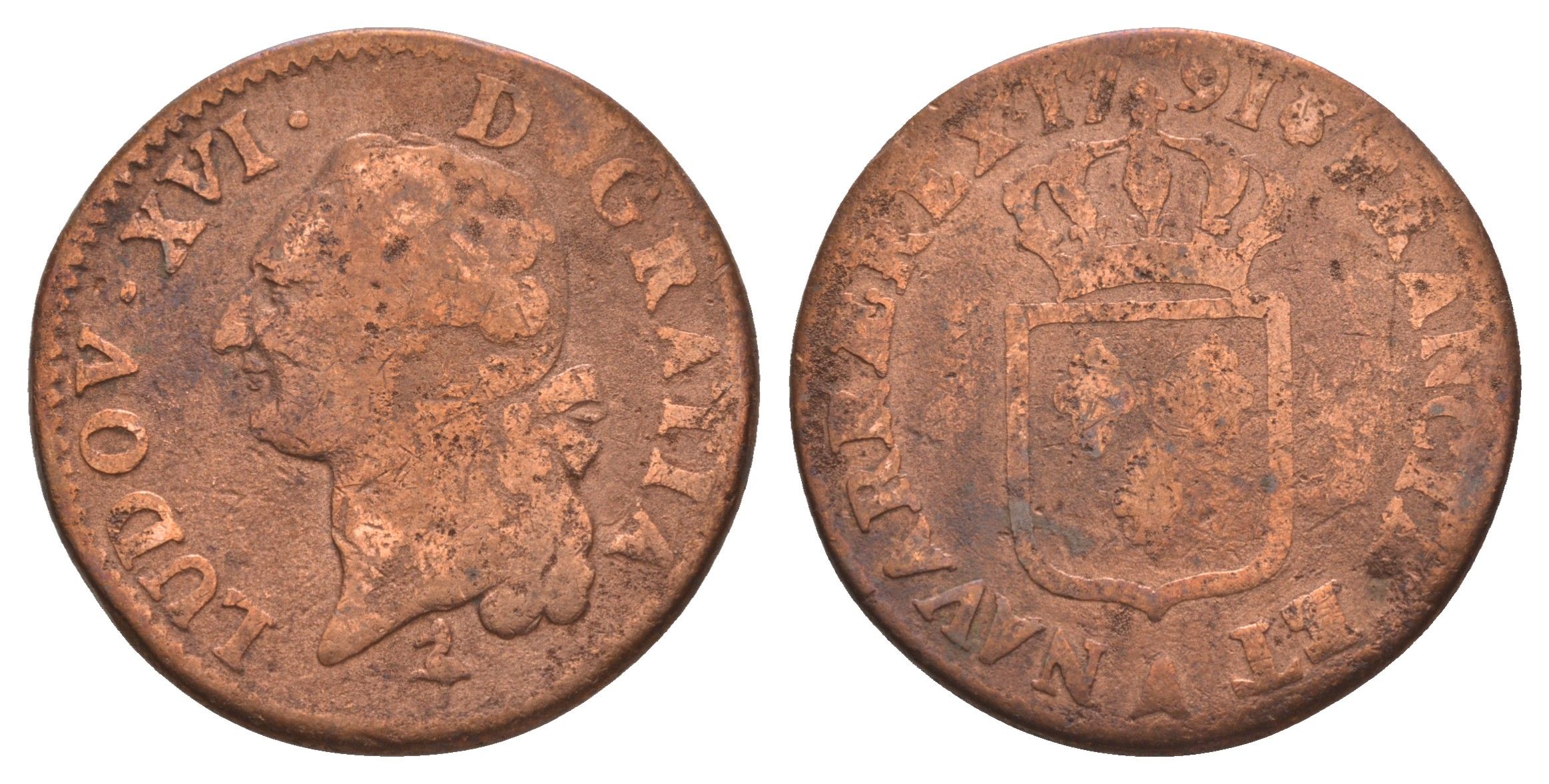 Франция 1 соль 1791 A, Людовик XVI (1774-1792) KM 578.1 медь 4657-536