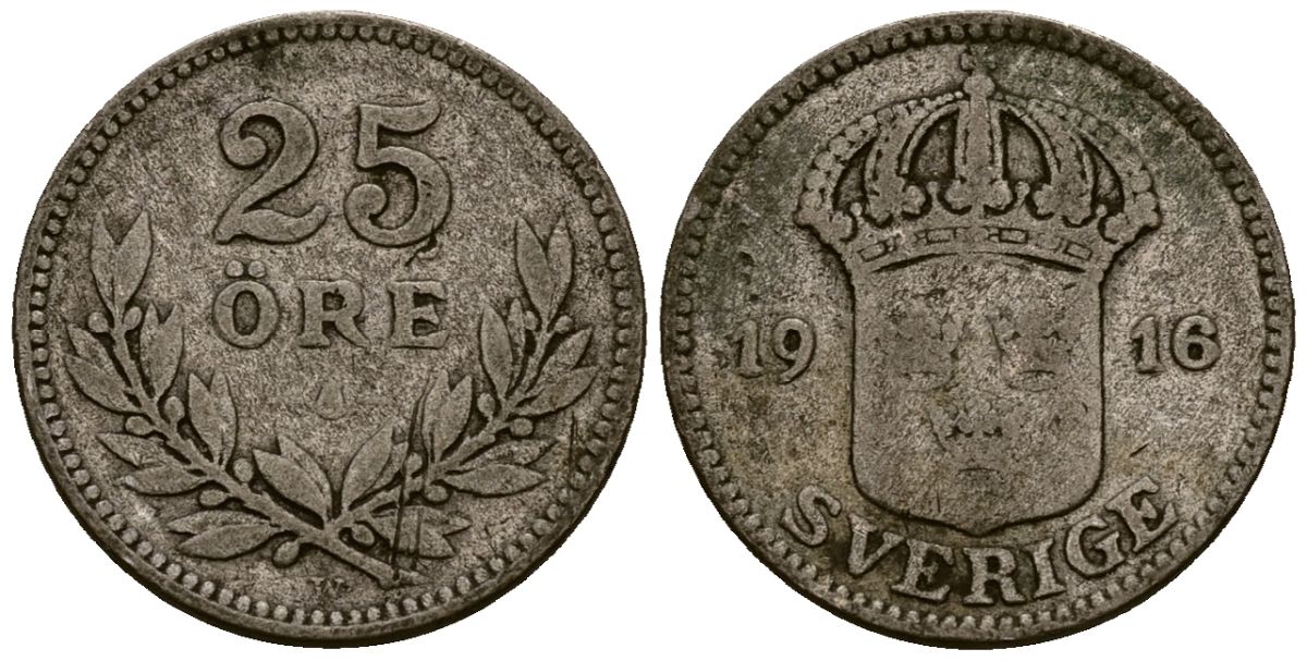 Швеция 25 эре 1916 Густав V (1907-1950) KM 785 серебро 4164-1022
