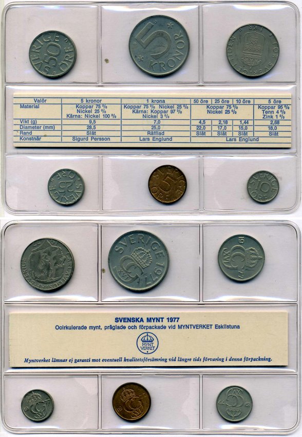 Швеция набор из 6 монет 1977 Карл XVI Густав (1973- ), запайка в целлофан KM MS 4 UNC 4-4-1-26