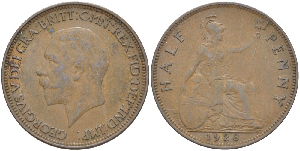 Великобритания 1/2 пенни 1928 Георг V (1910-1936) KM 837, Spink 4058 бронза 4513-444