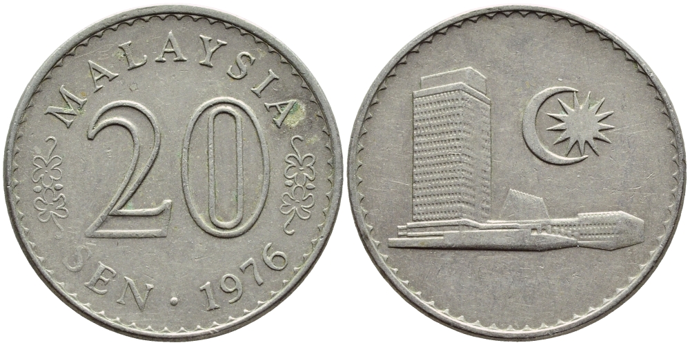 Малайзия 20 сенов 1976 здание Парламента KM 4 медно-никель 4395-657