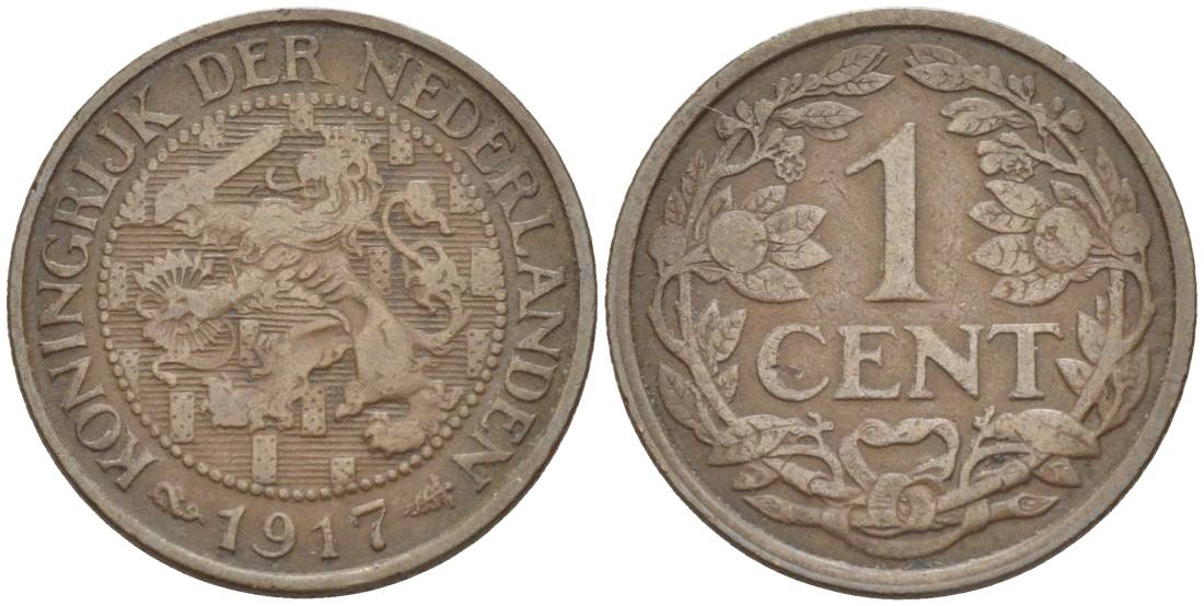НИДЕРЛАНДЫ 1 ЦЕНТ 1917 ВИЛЬГЕЛЬМИНА I (1891-1948) KM 152 бронза 4547-1067